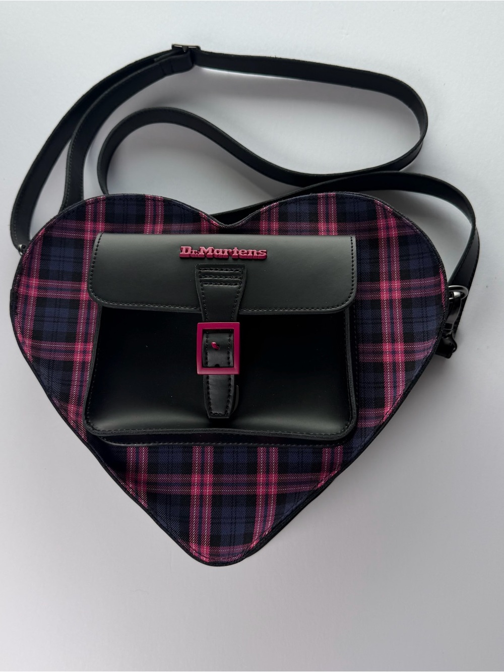 Dr. Martens Heart Bag Pink Black Tartan Plaid Leather Crossbody Satchel Purse